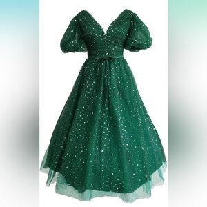 NEW Sparkly Starry Tulle A Line Puffy Sleeve Prom Formal Dress | 14 XL | Corset